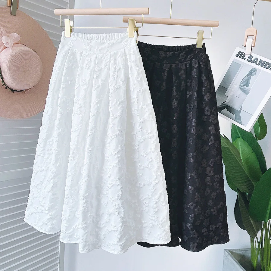 Vintage High Waist Jacquard Midi Skirt Elegant A-Line Tutu Skirts Womens Black White 2022 Spring green skirt