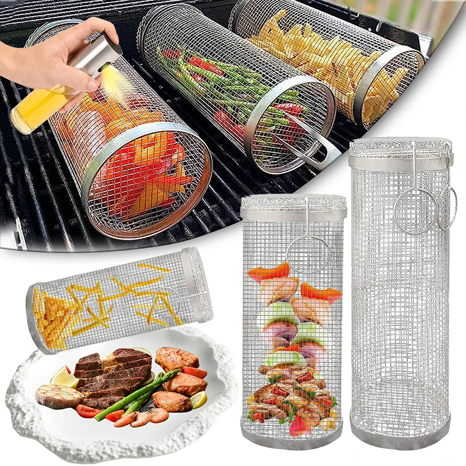 Rolling Grilling Basket Stainless Steel Bbq Cylinder Grill Basket Mesh