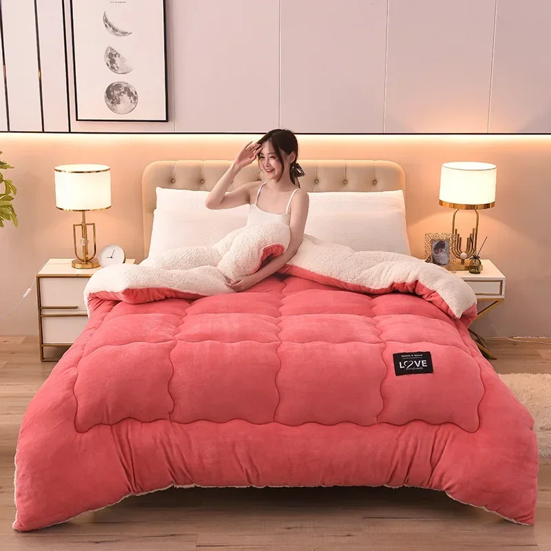 Super Warm Lamb Wool Quilt Winter Thickened Cotton Quilt Warm Cotton Double sided Velvet Soft Extra Large Blanket wool cotton blanket
