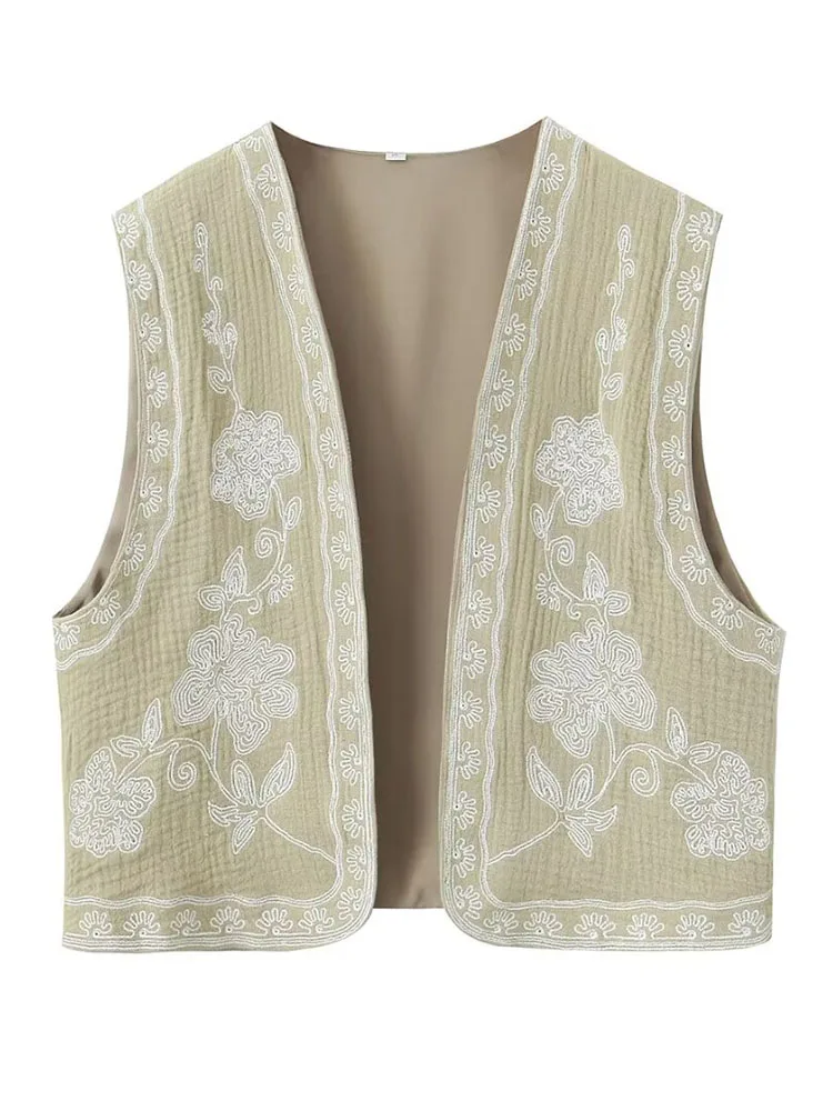 Summer 2024 Women Sleeveless Embroidered Vest Causal Female Vintage Boho Vest Woman Cropped Jacket Waistcoat Women Cardigan