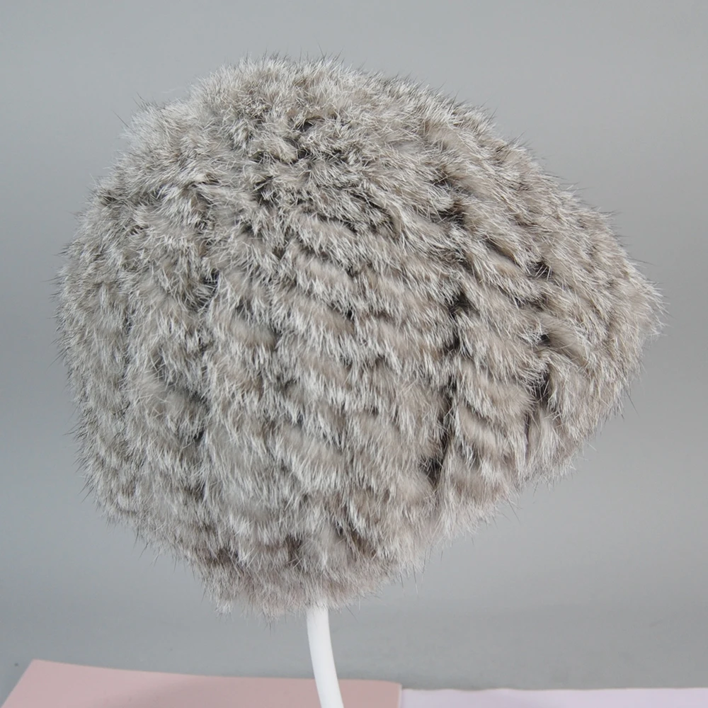 Russian Women Good Elastic Real Rabbit Fur Skully Hat Lady Winter Warm Knitted Genuine Rabbit Fur Hats Outdoor Fluffy Fur Caps 3