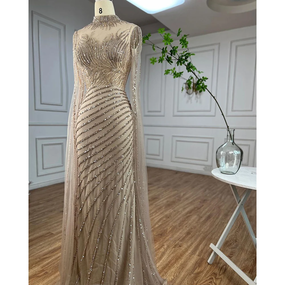Serene Hill Arabic Caramel Mermaid Sexy Cape Sleeves Lace Beaded Long Evening Dresses Gowns 2023 For Women Wedding Party LA71885