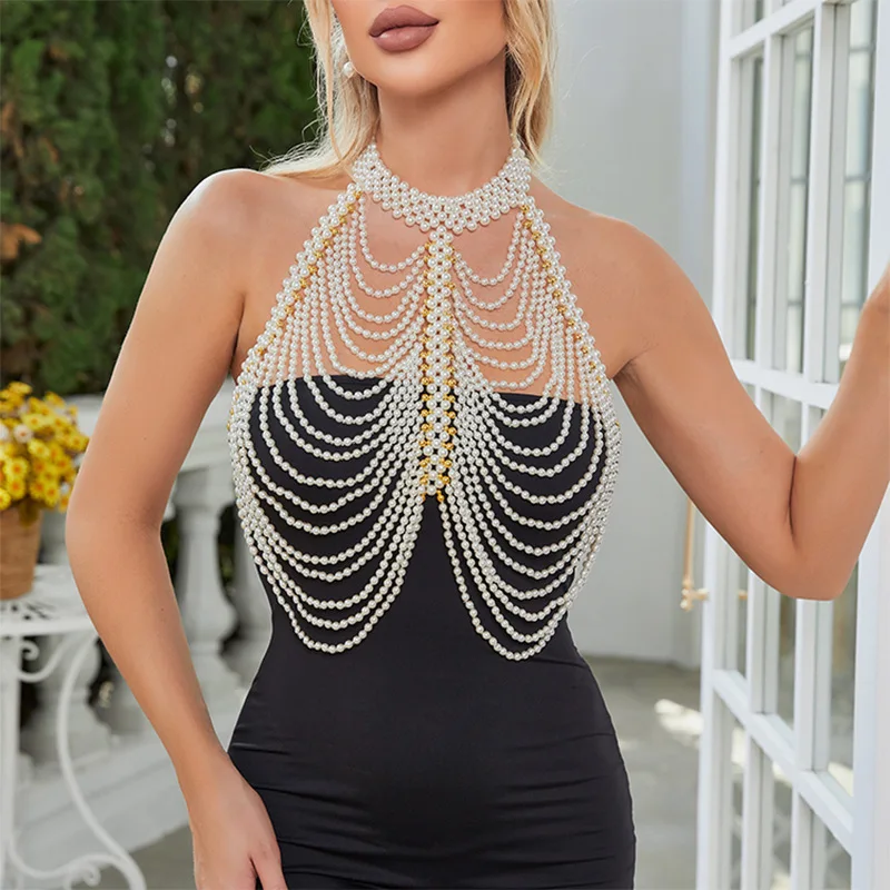 

Long Multi-layer Tassel Body Chain Jewelry Halter Tops Sexy Bikinis Цепочки Pearl Bra Body Chains for Women Pearl Shawl Ожерелья