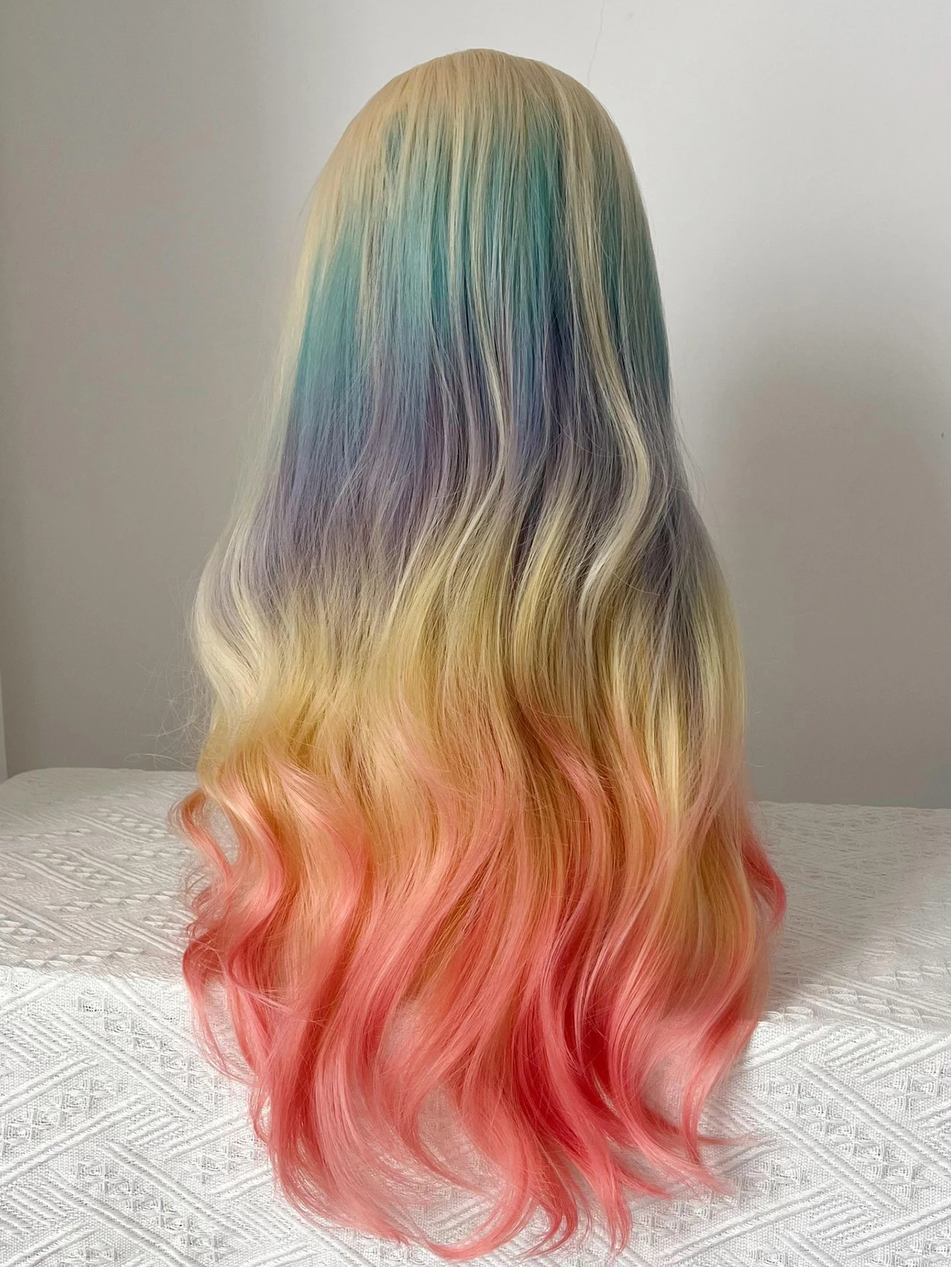 Synthetic Rainbow Ombre Wig with Bangs for Women