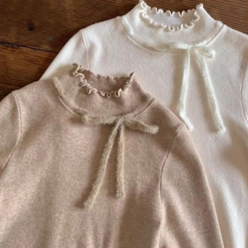 

2023 Autumn Vintage Solid Grunge Knitted Tops Y2k Aesthetic Ruffled Bow All Match Pullover Harajuku Sweet Loose Simple T Shirt