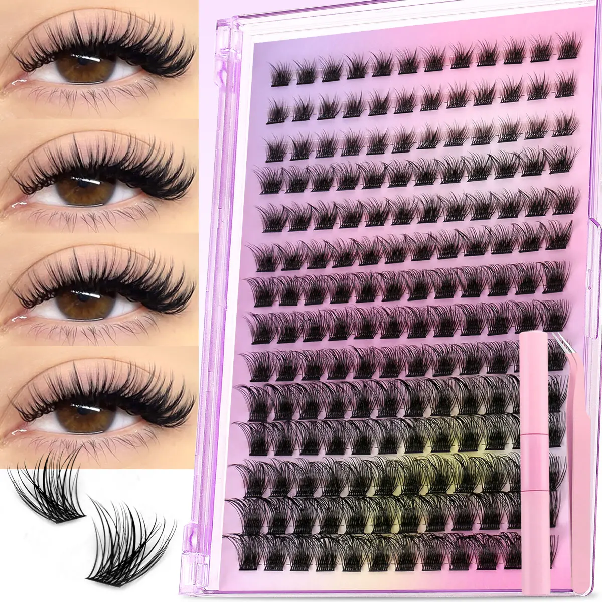 GROINNEYA DIY Lash Extension Kit Volume Lash Clusters Individual Lashes Thick Eyelash Extension Bond & Seal & Tweezers lash extension kit