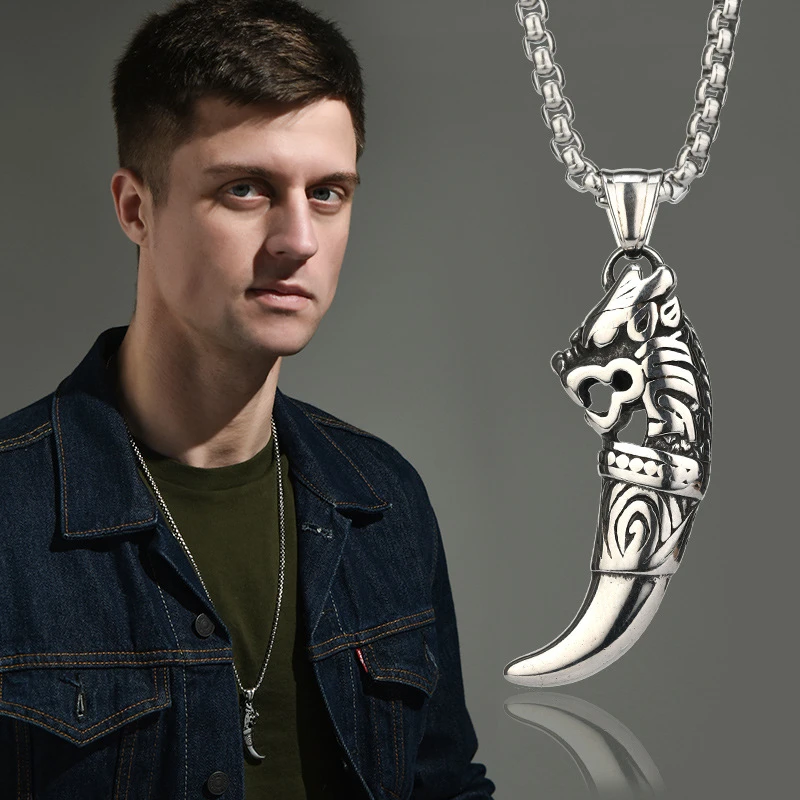 Retro Wolf Tooth Necklace Men Viking Norse Odin Rune Slavic Beast Totem Amulet Pendant Never Fade Stainless Steel Jewelry Gift