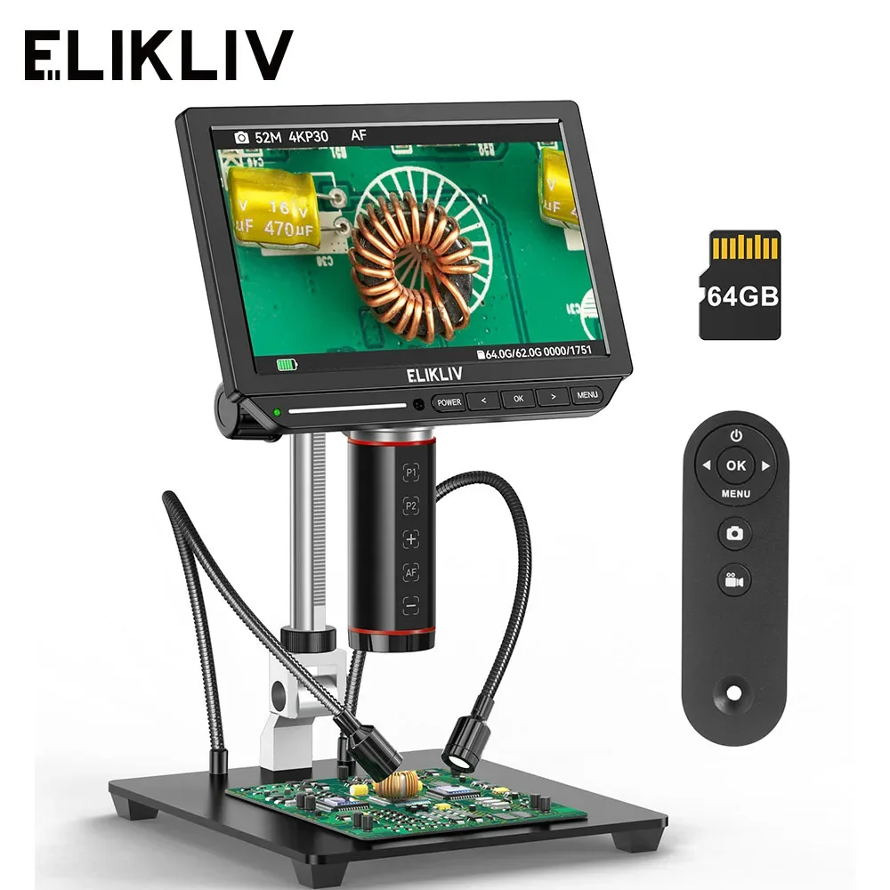 Elikliv EM4K-AF 4K Digital Microscope Autofocus 2000x 8" HDMI Soldering Microscope for Electronic Repair with 10" Stand 64G Card