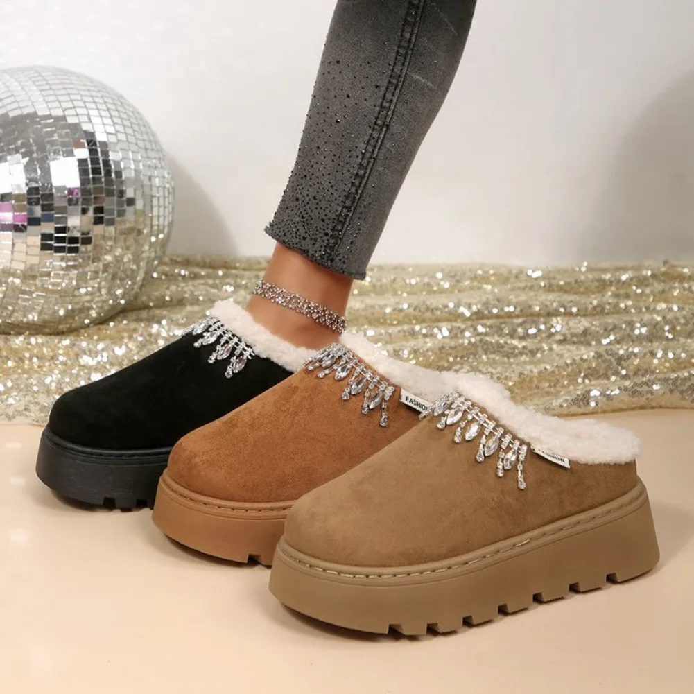 Rhinestone decoration Cotton Platform Slippers Women Autumn Winter Plush Warm Cotton Shoes Woman Plus Size Anti Slip Snow Boots