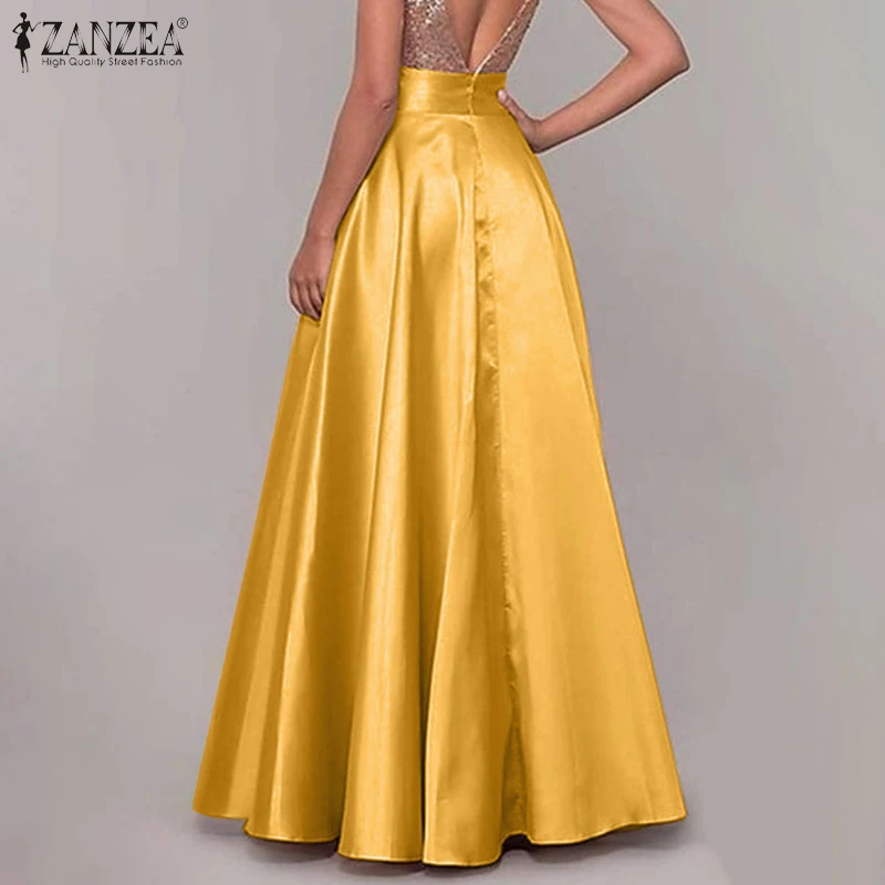 ZANZEA Women Satin Silk Black Maxi Long Skirts Elegant Luxury High Waisted A-Line Party Jupe Femme with Back Zipper Faldas Mujer 4