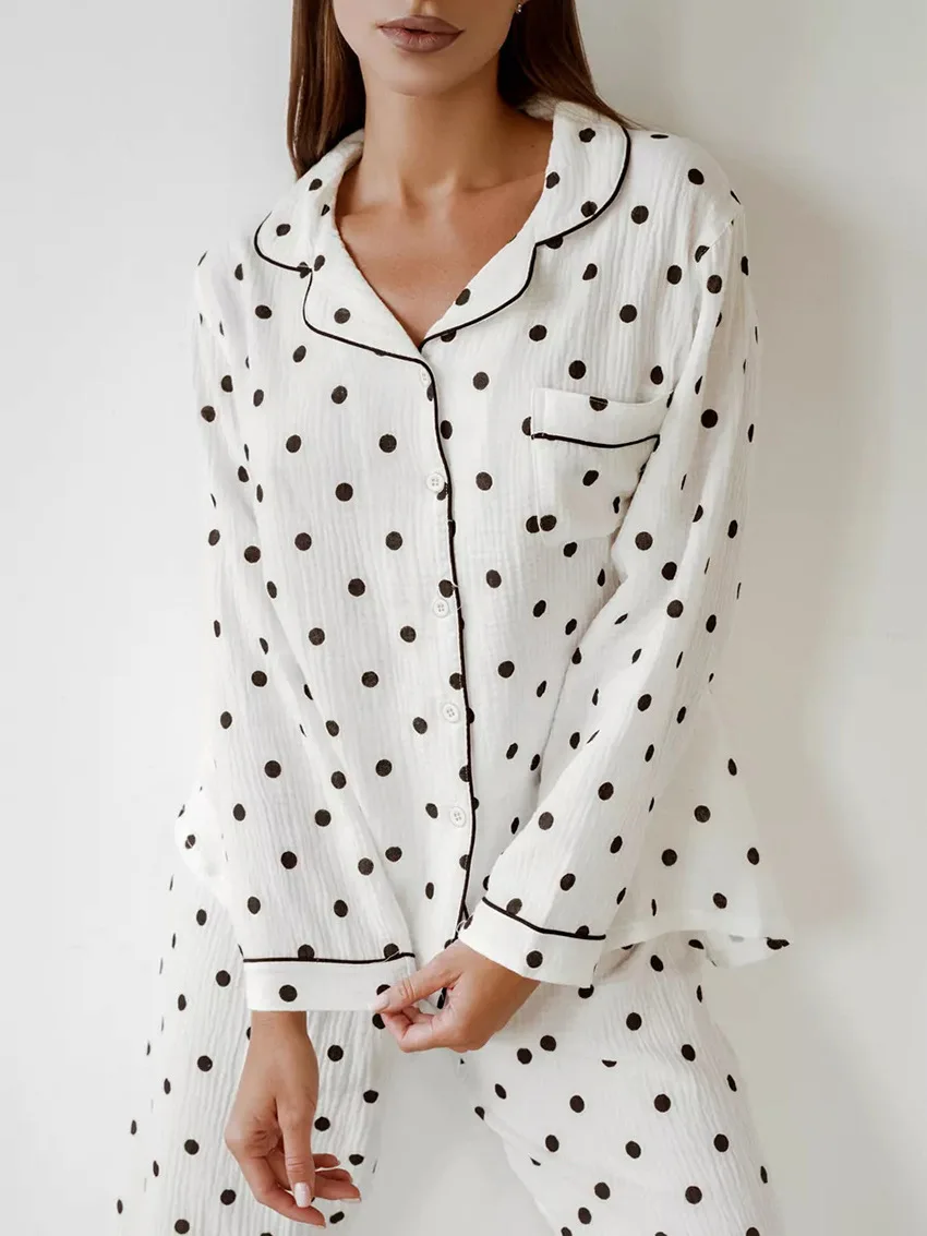 Marthaqiqi Polka Dots Ladies Pajamas Suit Sexy Turn-Down Collar Sleepwear Long Sleeve Nightwear Pants Female Nightie 2 Piece Set