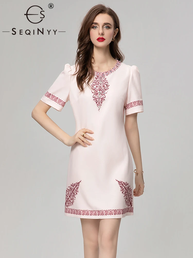 

SEQINYY Elegant Mini Dress Summer Spring New Fashion Design Women Runway Vintage Flower Print Beading Casual High Street