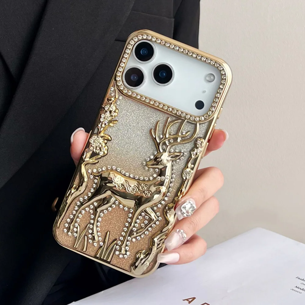 Glitter Rhinestone Deer Phone Case with Full Screen Protection and Soft Plating Armor Design