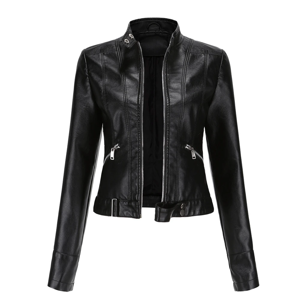 European Size Women\'s Leather Jacket Slim Fit Jacket Thin Spring Tie Straps Jacket Women\'s Motorcycle Suit Large Standing Collar