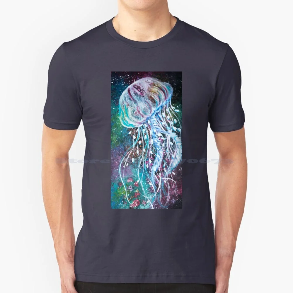 Space Floral Meduse T Shirt 100% Cotone Tee Jelly Fish Ocean Sea Animal Aquatic Creature Floral Oil Acquerello Beautiful