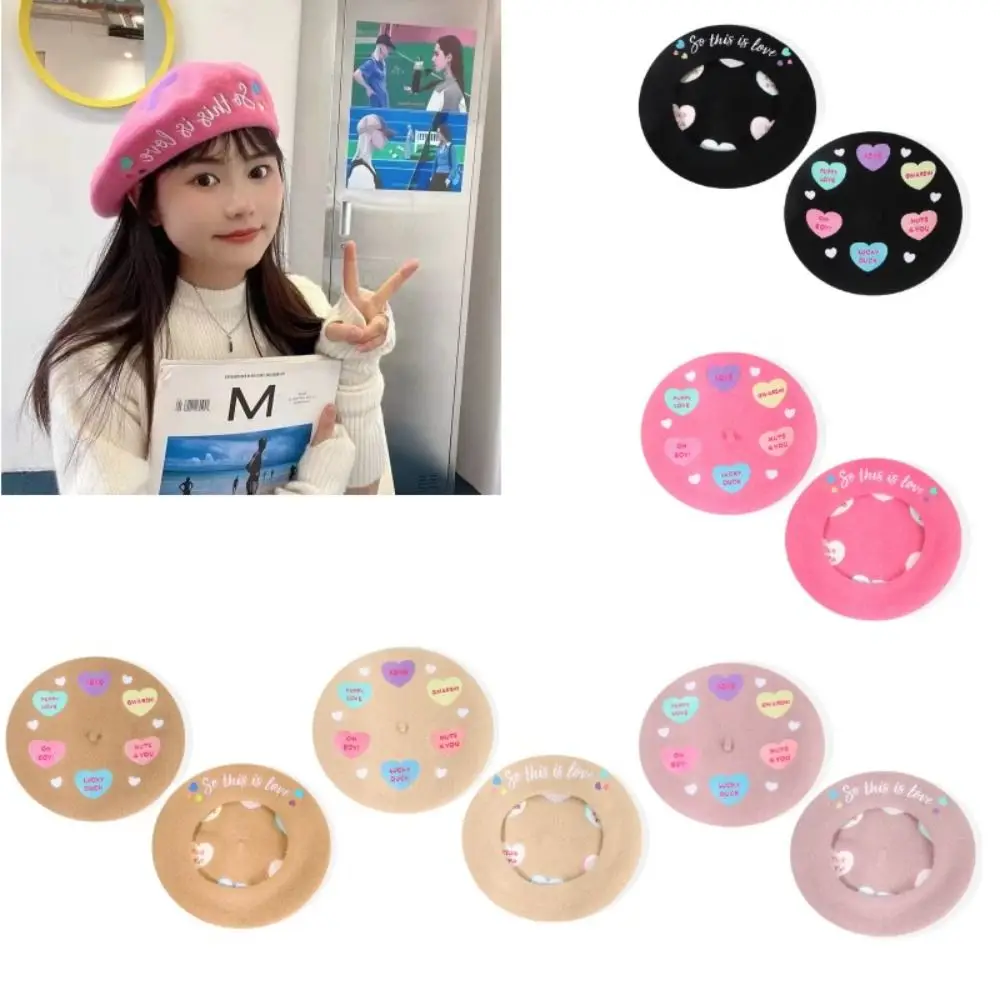 

Wool Felt Mushroom Hat Fashion Little love Sweet Lolita Painter Cap Embroidery Beret Hat Women