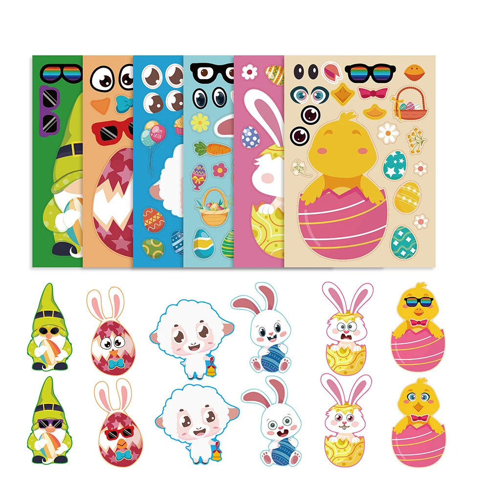 6/12Sheets Easter DIY Kids Stickers Puzzle Games Cartoon Animals  Sticker Educational Toy Make A Face Assemble Jigsaw Boys Girls