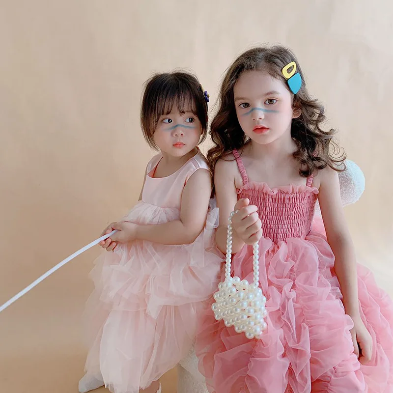 

3-8 Y Cotton Girls Dresses Sleeveless Solid Ball Gown Elegant Cute Princess Regular Birthday Prom Lantern Fold Layered Dress