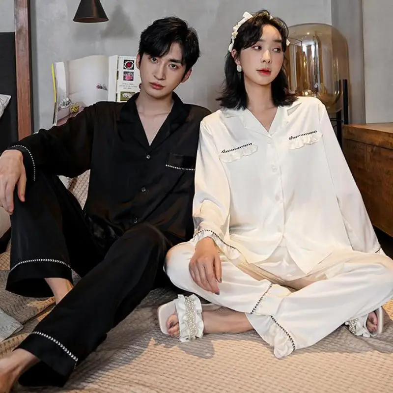 

Spring New Couple 2PCS Pajamas Suit Long Sleeve Home Clothing Sleep Set Intimate Lingerie Casual Satin Sleepwear Pyjamas