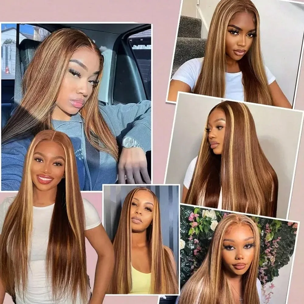 32 Inch 200% Density Fashion Honey Blonde Long Straight Lace Front Wigs Human Blended Hair 13x4 HD Transparent Straight Lace Wig