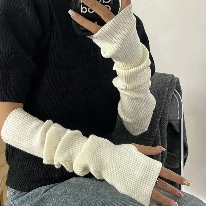 Fingerless Gloves 30cm Women Winter Warm Arm Sleeve Knitted Arm Warmer Fine Mitten Casual Soft Goth Clothes Punk Gothic