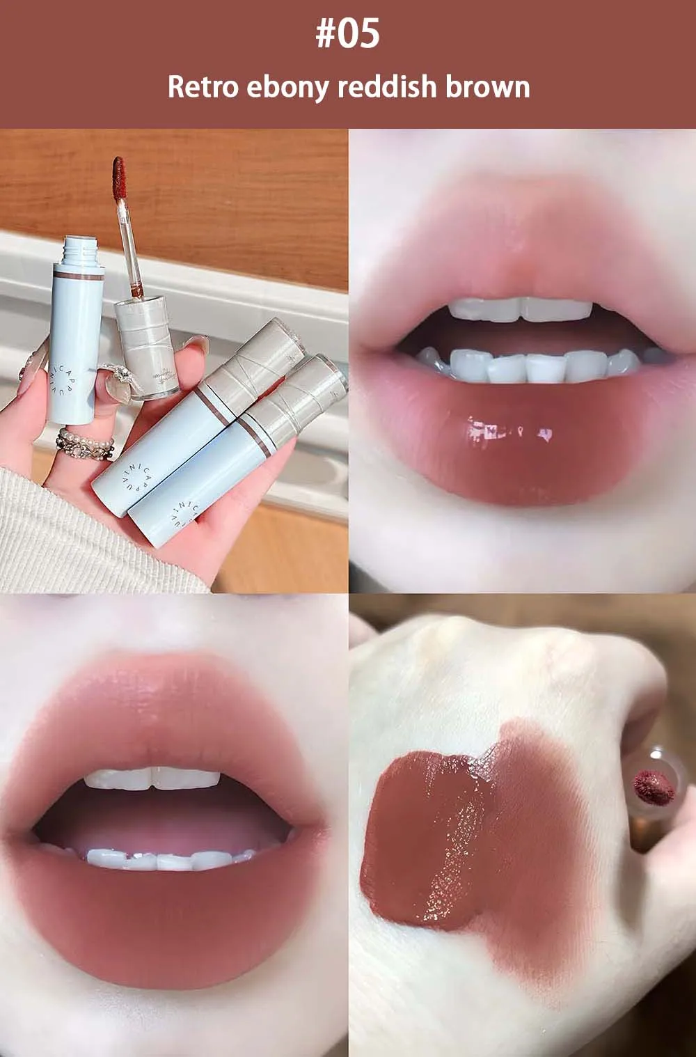 Hydrating Mirror Glossy Liquid Lipstick Reddish Brown Lip Tint_voghion.com