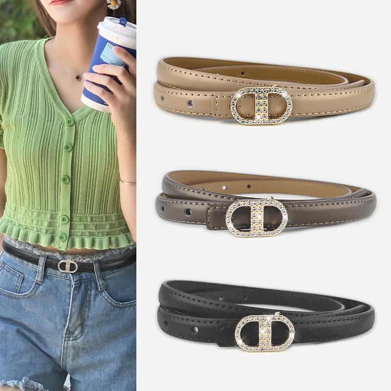 

Women Belt Genuine Leather Fashion Diamond Inlay Metal Buckle Belt Advanced Sense Female Waistband New Versatile Simple Girdle