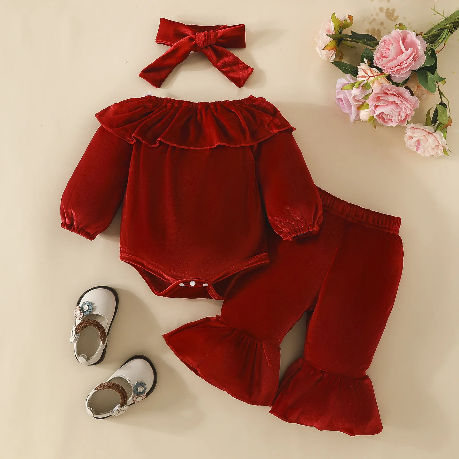 3Piece Fall Christmas Newborn Girls Clothes Fashion Cute Red Long Sleeve Baby Bodysuit+Pants+Headband Kids Clothing Sets BC744