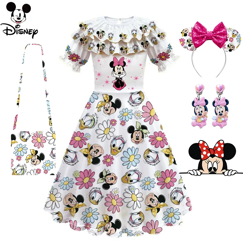 

New Disney Girls Mickey Minnie Mouse Dresses Kids Cute Daisy Cartoon Print Costume Puff Sleeves Summer Clothes With Headband Set