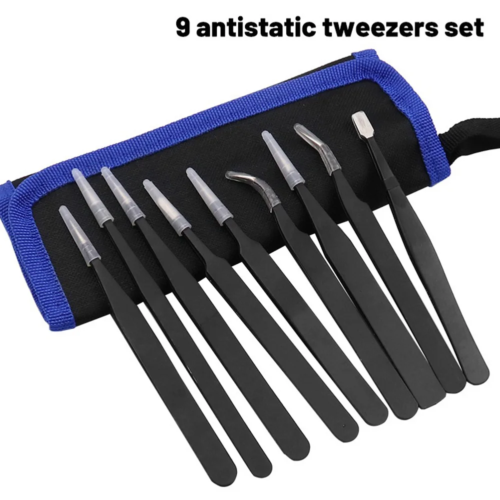 

9pcs/set Anti-Static Stainless Steel Tweezers Industrial Precision Curved Straight Tweezers Repair Tools Working Hand Tools