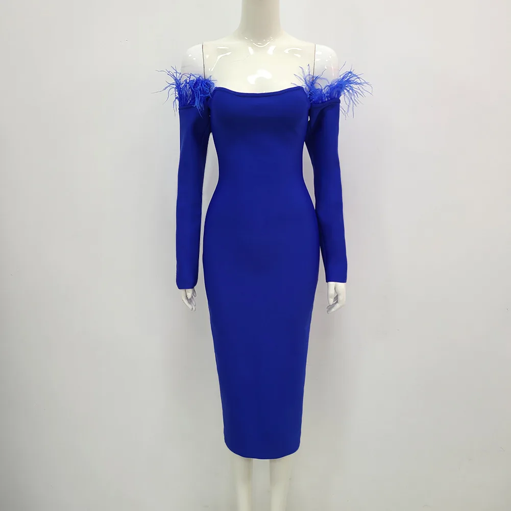 

New Pattern Woman Full Feather Sleeve Sexy Bodycon Mid Calf Bandage Dress Rayon Celebrate Girls Birthday Party Dress