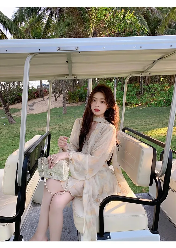 Elegant Chiffon Short Dresses for Women V-neck Lantern Sleeves Ruffles A-line Summer New Holiday Style Printed Vestidos Mujer