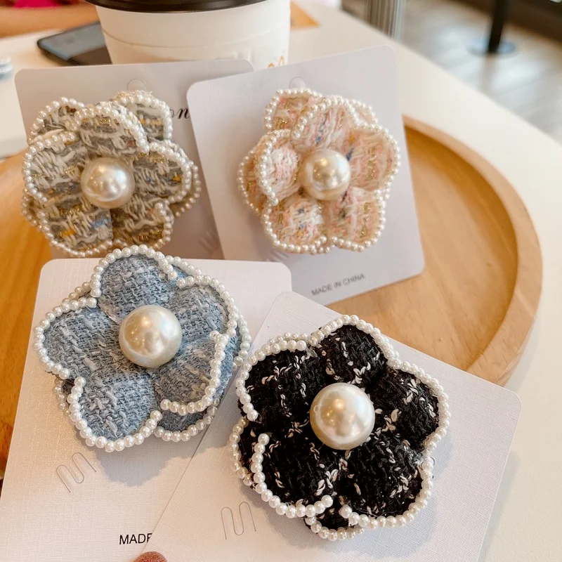 Handmade Fabric Pearl Camellia Flower Brooch Lapel Pins Korean Fashion