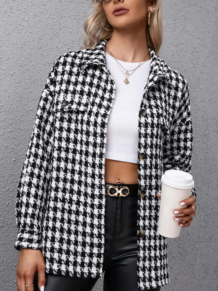 

2023 Autumn Houndstooth Jacket Women Winter Coat Thick Warm Plaid Jackets Ladies Button Casual Overshirt Coats Jacket