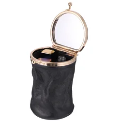 1Pc Mini Perfume Storage Mini Portable Retro Lovely Leather Makeup Bag With Mirror(Black)