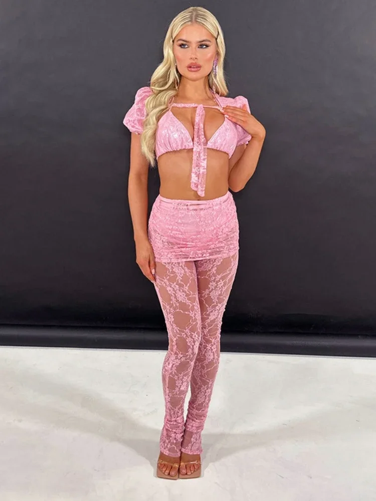 Slim Fit Mesh Patchwork Y2k Pants Sexy Fashion Lace Slightly Sheer Women Pants Casual High Waist Straight Long Streetwear Women