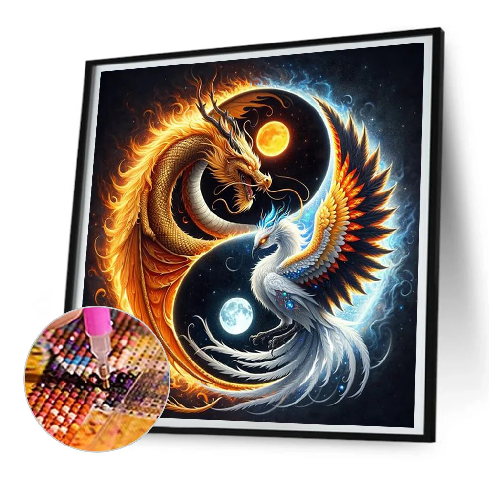 5D DIY Full Round Drill Diamond Painting Fire Dragon Ice Phoenix Decor 30x30cm