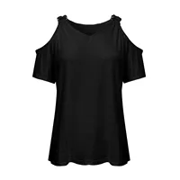 Short Sleeves Summer T-shirt Women Solid Metal Style Cold Shoulder Sexy V Neck Casual Slim Shirts Elegant Ladies Fashion Blouses - Image 5