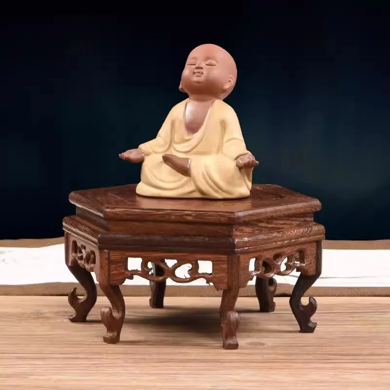 Classical Rosewood base, hexagonal ornament, purple clay teapot, porcelain vase, old Buddha statue, potted plant,base