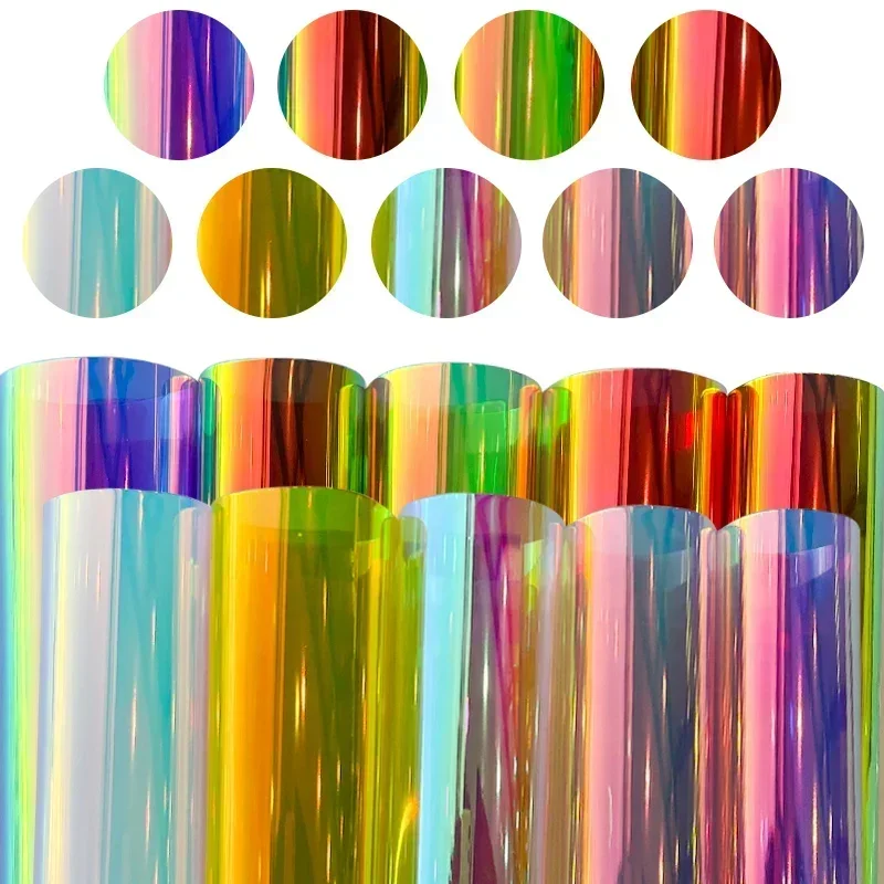 Magic Bright Colorful TPU Transparent Holographic Vinyl Faux Leather Fabric Roll for DIY Sewing notebooks covers Bow Materials