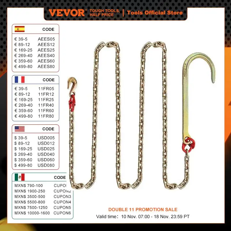 VEVOR J Hook Chains Adjustable Tow Chain Bridle w/ 9260 lbs Break Strength & Gr80 J-Hook & Grab-Hook Tow-Hook for Trucks