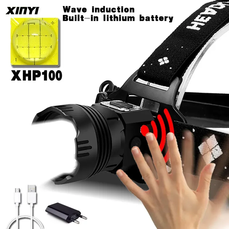 

Мощный светодиодный налобный фонарь с инфракрасным датчиком XHP100, USB-зарядка, головная лампа 18650, Головной фонарь, супер яркий фонарь XHP90