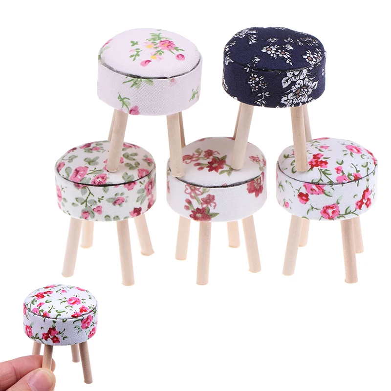 

1/12 Scale Dollhouse Miniature Furniture Round Floral Stool Chair ACC for Dolls House Decor Kids Children Pretend Play Toy