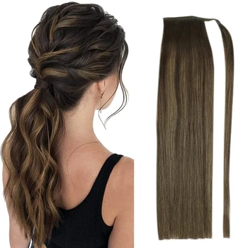 Highlight #4/27 Straight Ponytail Magic Wrap Around Clip In Hair Extensions 100% Unprocessed Human Hair Extensions 10-26 Inches