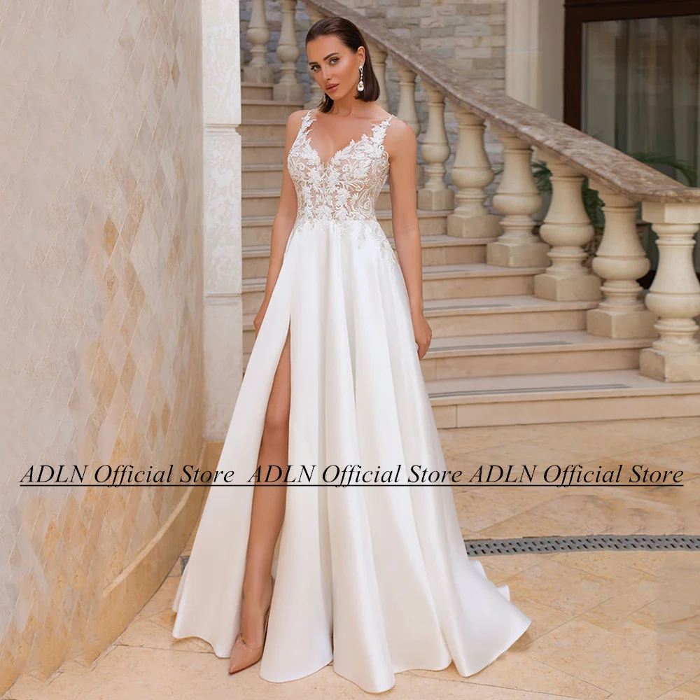 Атласные свадебные платья ADLN А-силуэта, без рукавов, с V-образным вырезом, прозрачное блестящее свадебное платье с разрезом сзади