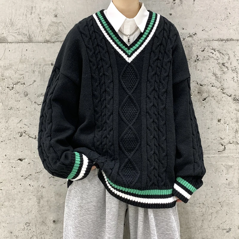 Winter Sweaters Men Warm Retro V-neck Knitted Pullovers Men Streetwear Korean Loose Long Sleeved Sweaters Mens Jumper Clothes 2