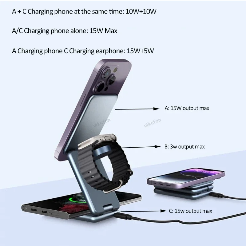 Dual 15W Magnetic 3 in 1 Wireless Charger Stand For iPhone 12-16 Apple Watch 9 8 Samsung Galaxy 6 5 Active Fast Charging Station