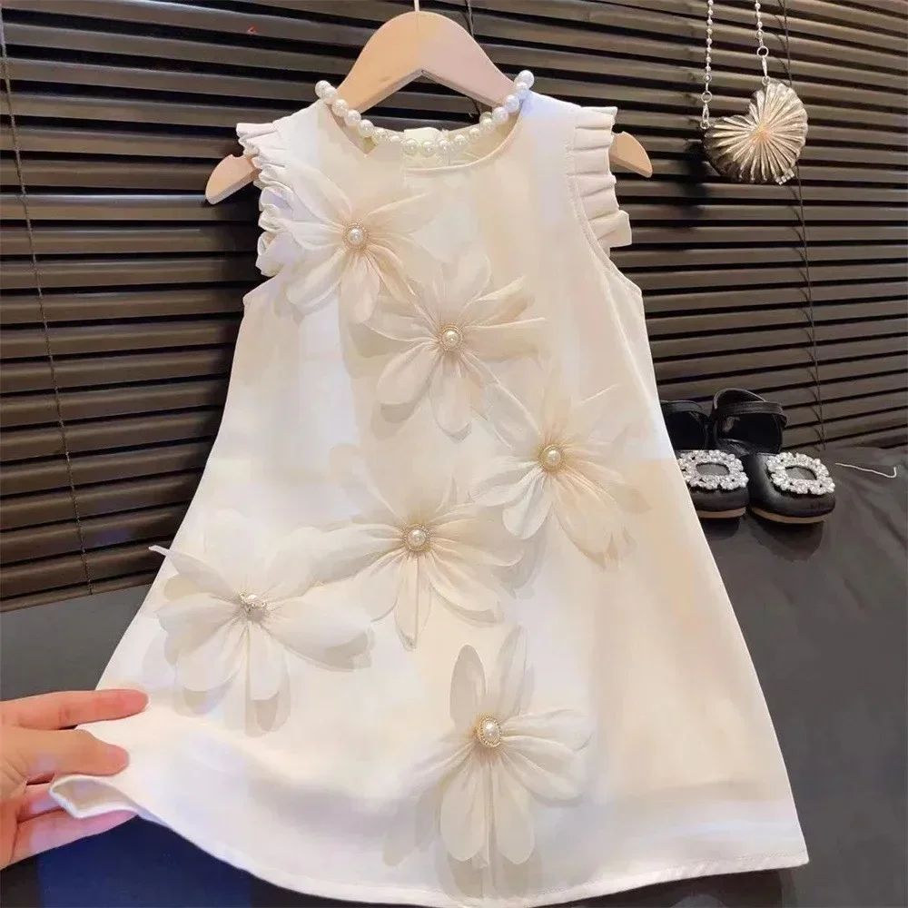 Robe d'été plissée à fleurs 3D pour filles, vêtements décontractés, sans manches, Version coréenne, couleur unie, pour enfants de 2 à 12 ans, nouvelle collection