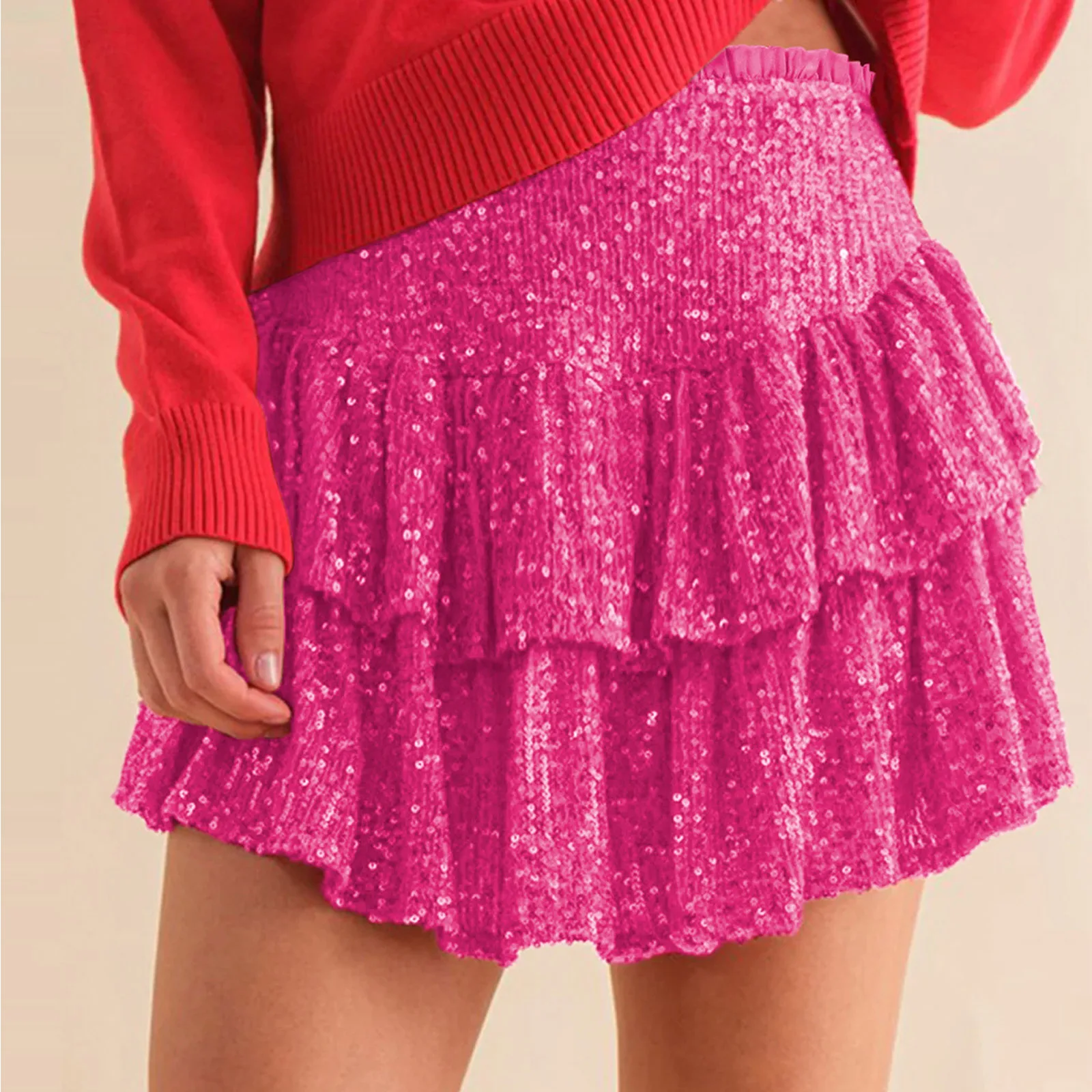 

Womens Sequins Tiered Ruffled Skirt Casual Solid Color High Waist Side Invisible Zipper Built-in Shorts A-Line Miniskirt