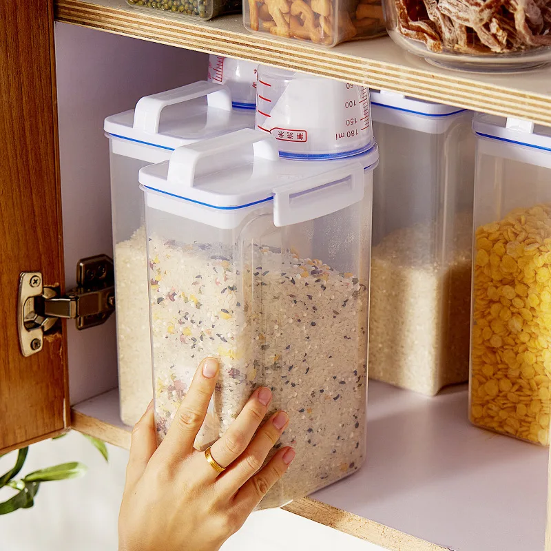 1Pc Sealed Cereal Insect-Proof Rice Bucket with Measuring Cup Transparent Rotary Food Moistureproof Tank Kitchen Storage Box 2KG 3